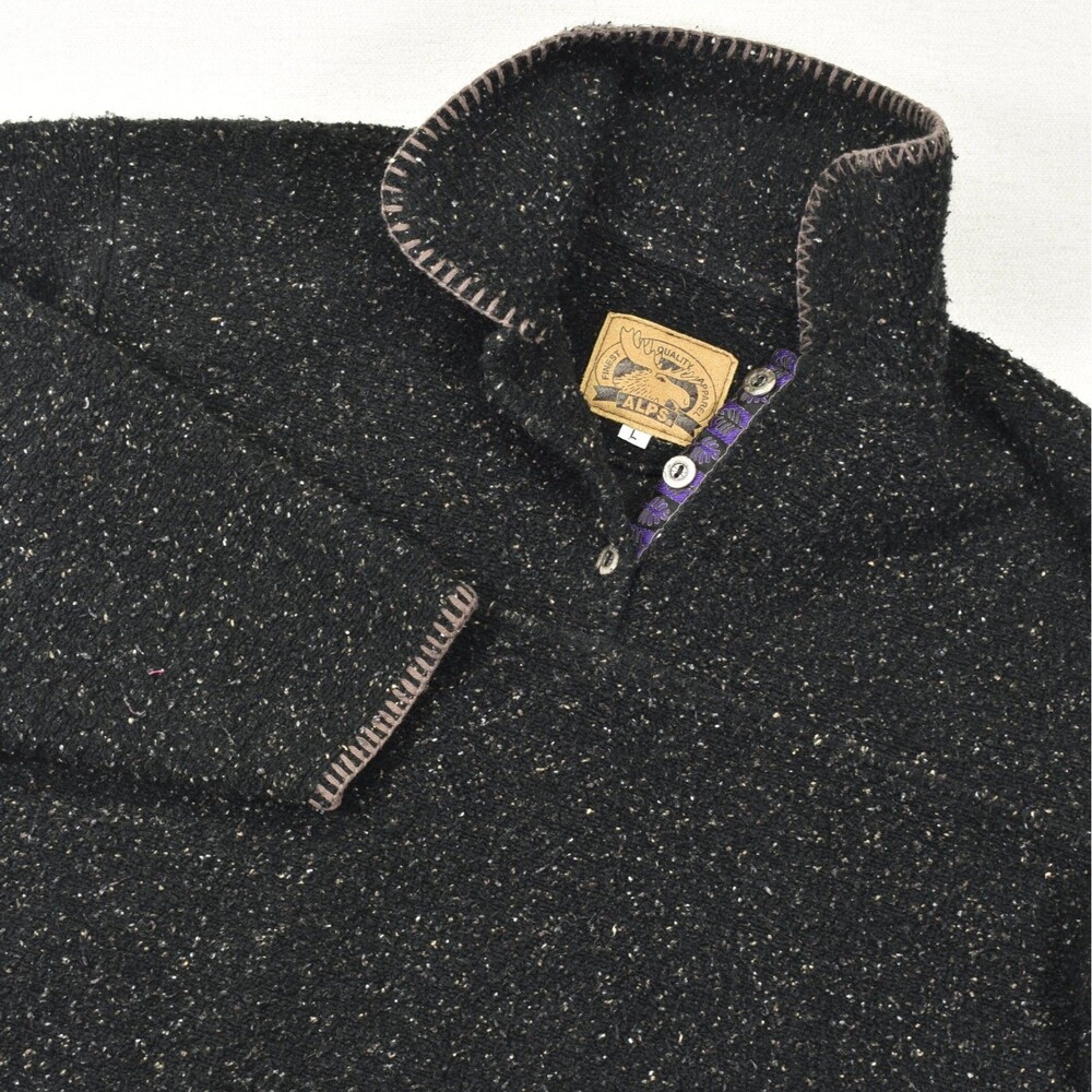 Vintage Alps Sweater Large Black Speckled Fleck Quarter Button Crop Knit L USA